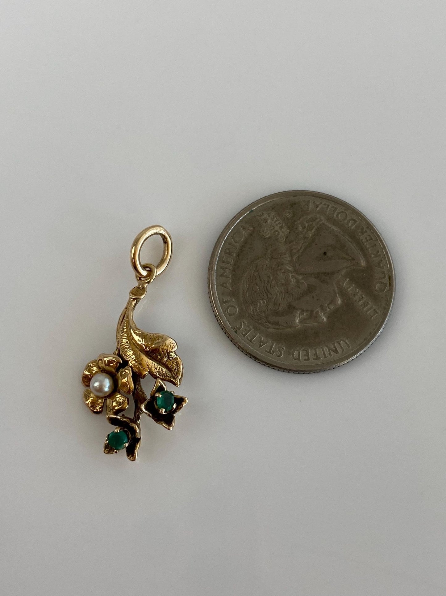 Vintage Solid 14k Yellow Gold Emerald Pearl Flower Leaf Charm