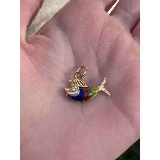 Vintage Solid 18k Yellow Gold Enamel Fish Charm