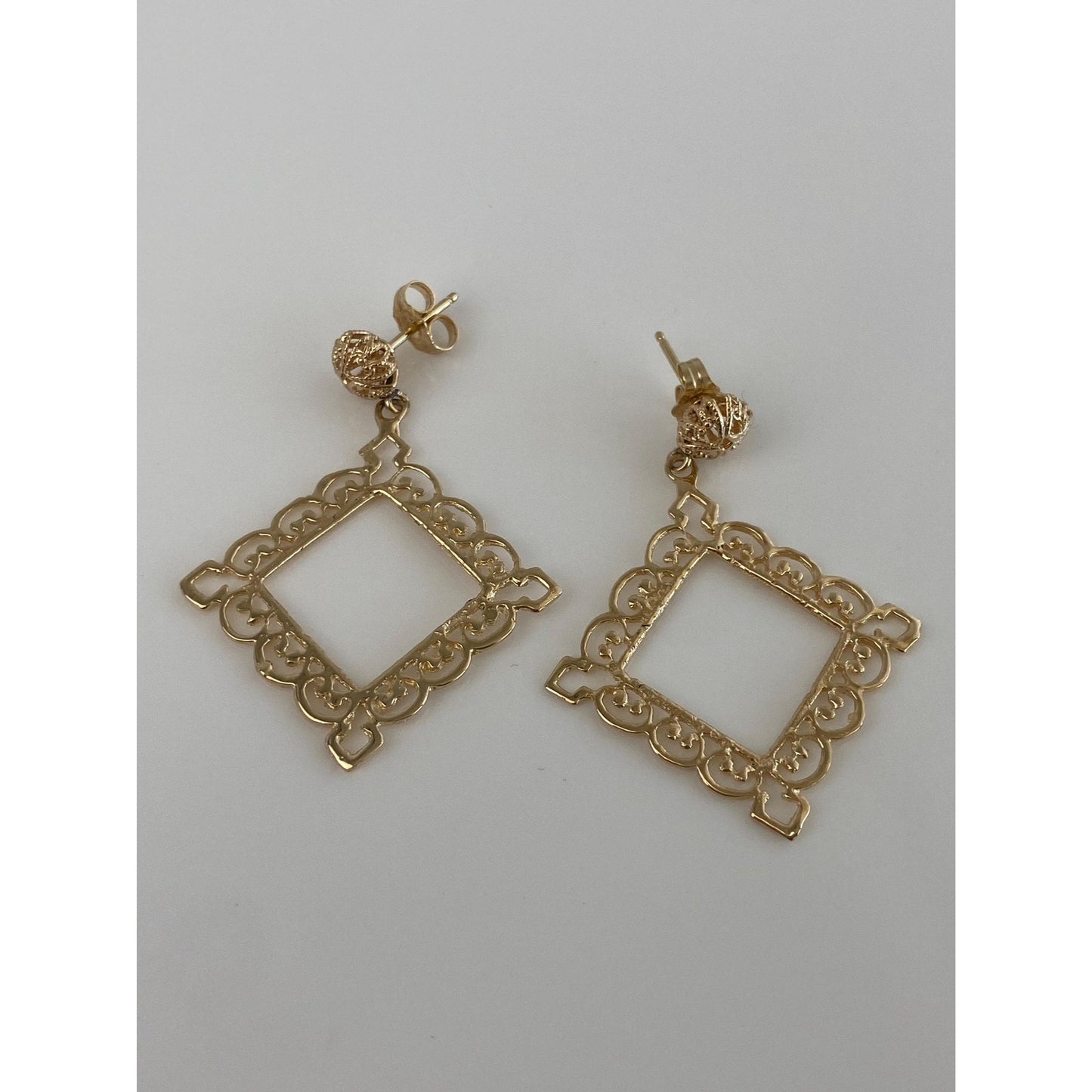 Vintage Solid 14k Yellow Gold Open Work Picture Frame Dangle Stud Earrings