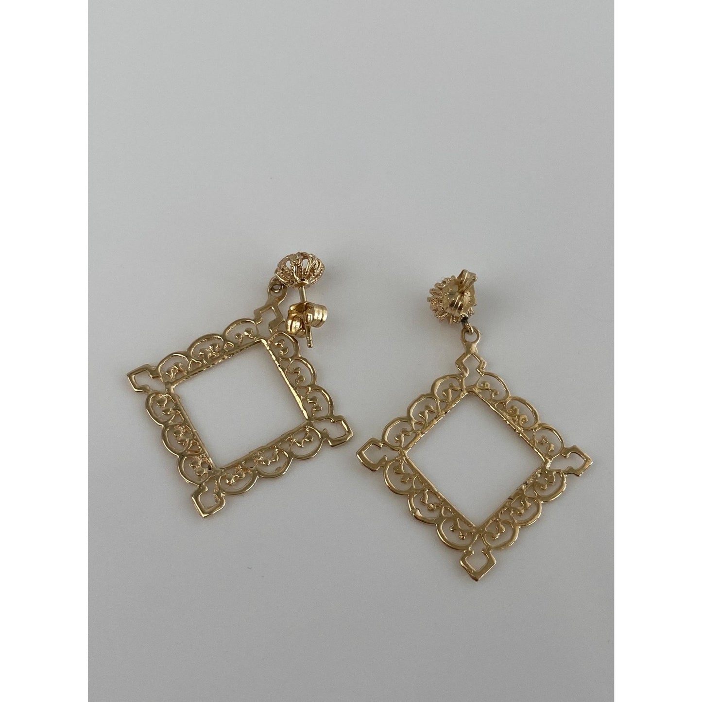 Vintage Solid 14k Yellow Gold Open Work Picture Frame Dangle Stud Earrings