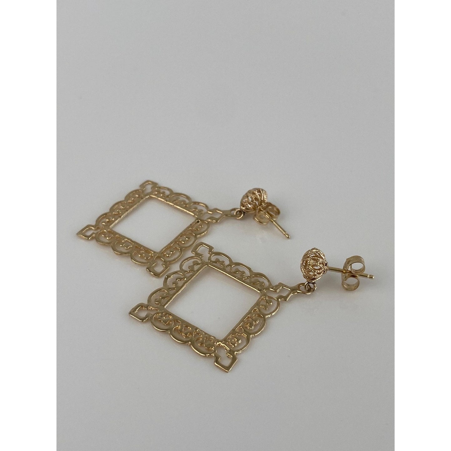 Vintage Solid 14k Yellow Gold Open Work Picture Frame Dangle Stud Earrings