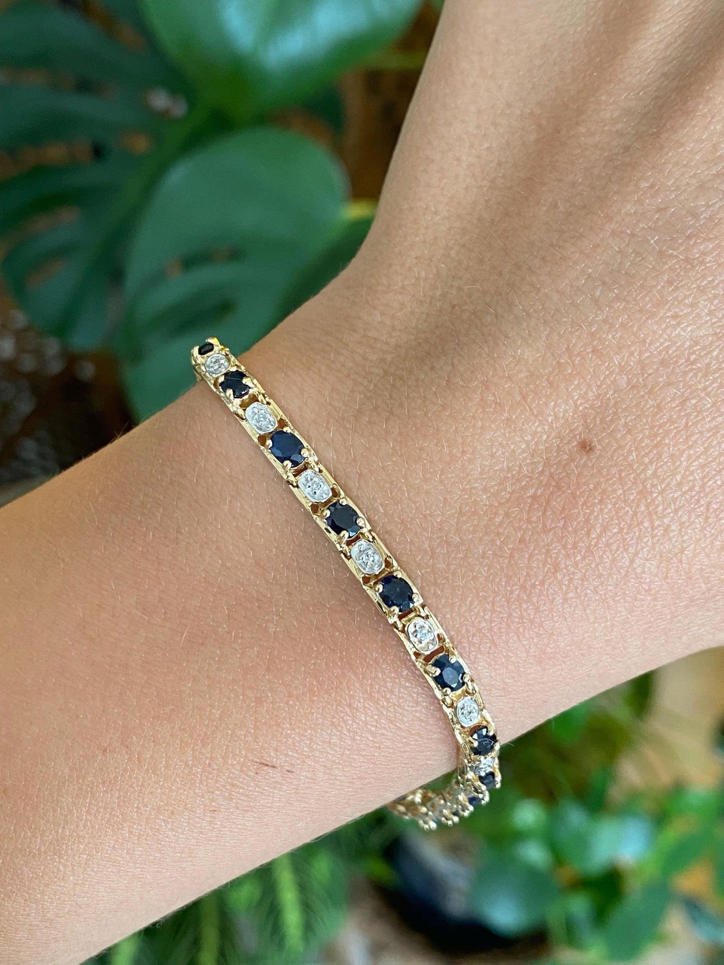 Solid 14k White & Yellow Gold Diamond Blue Sapphire Link Bracelet - 7.25 inches