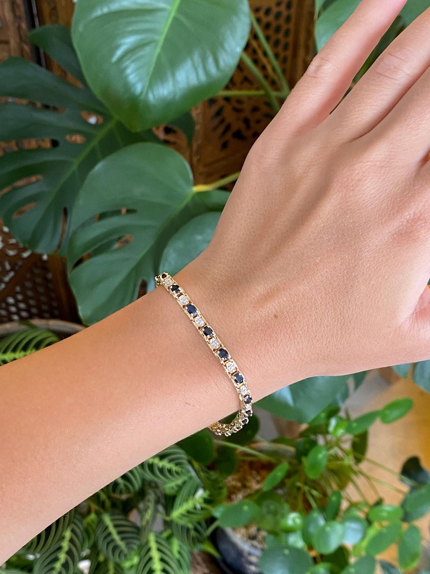 Solid 14k White & Yellow Gold Diamond Blue Sapphire Link Bracelet - 7.25 inches
