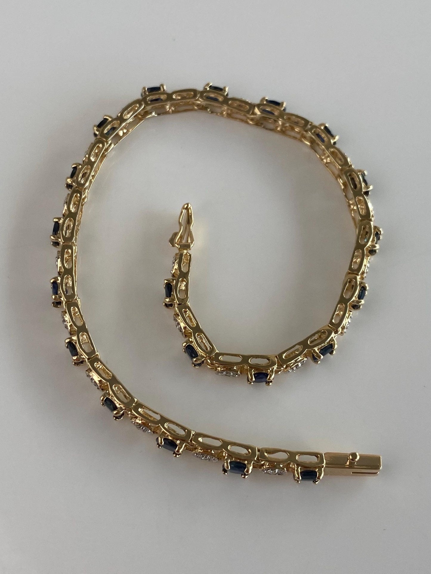 Solid 14k White & Yellow Gold Diamond Blue Sapphire Link Bracelet - 7.25 inches