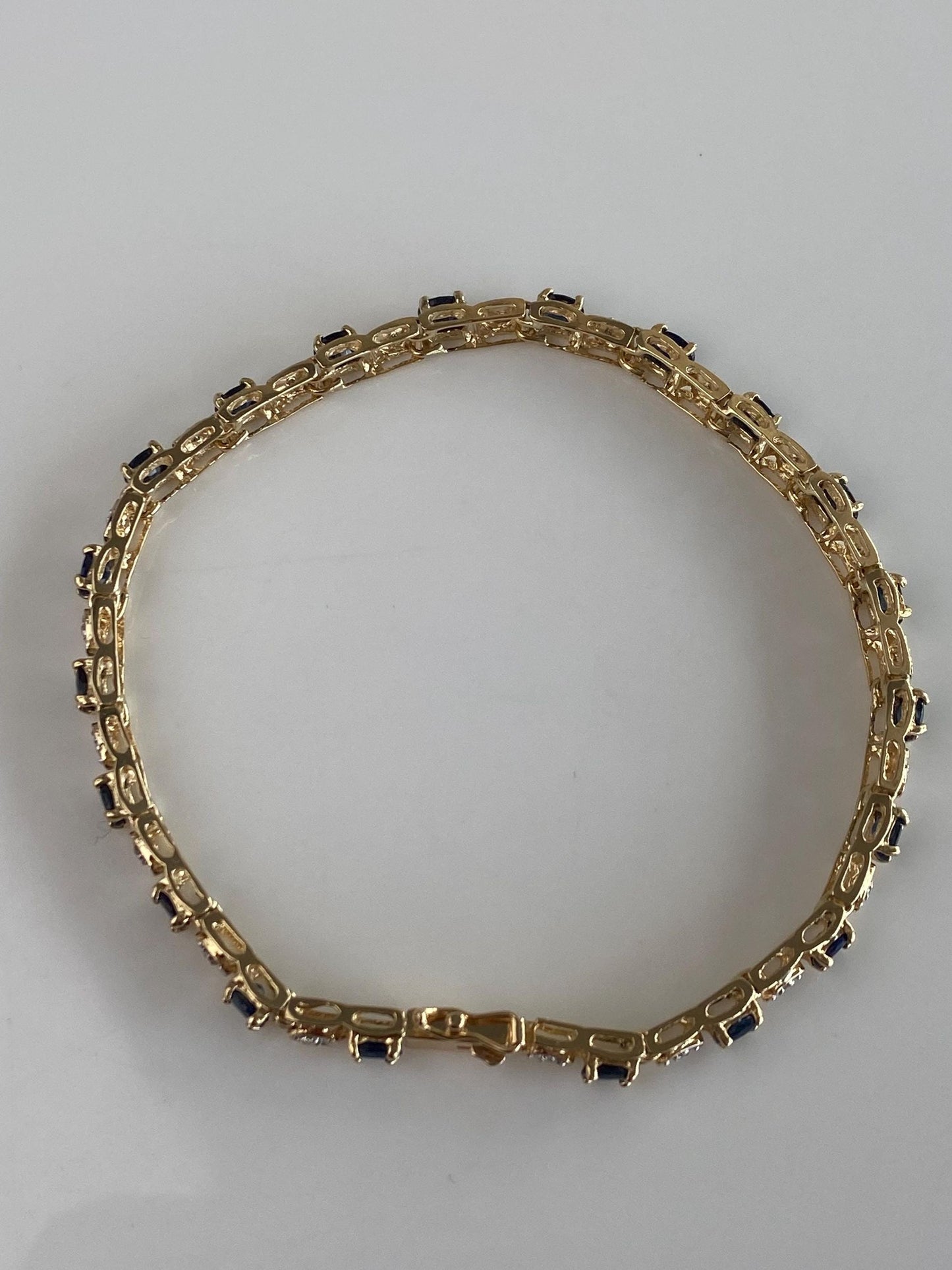 Solid 14k White & Yellow Gold Diamond Blue Sapphire Link Bracelet - 7.25 inches