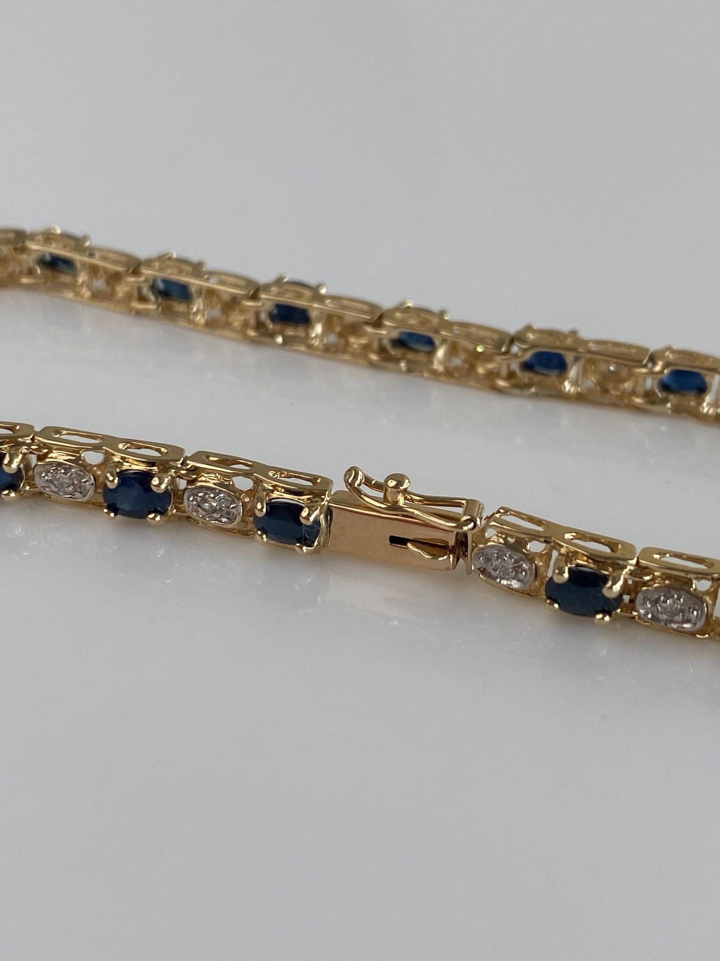 Solid 14k White & Yellow Gold Diamond Blue Sapphire Link Bracelet - 7.25 inches