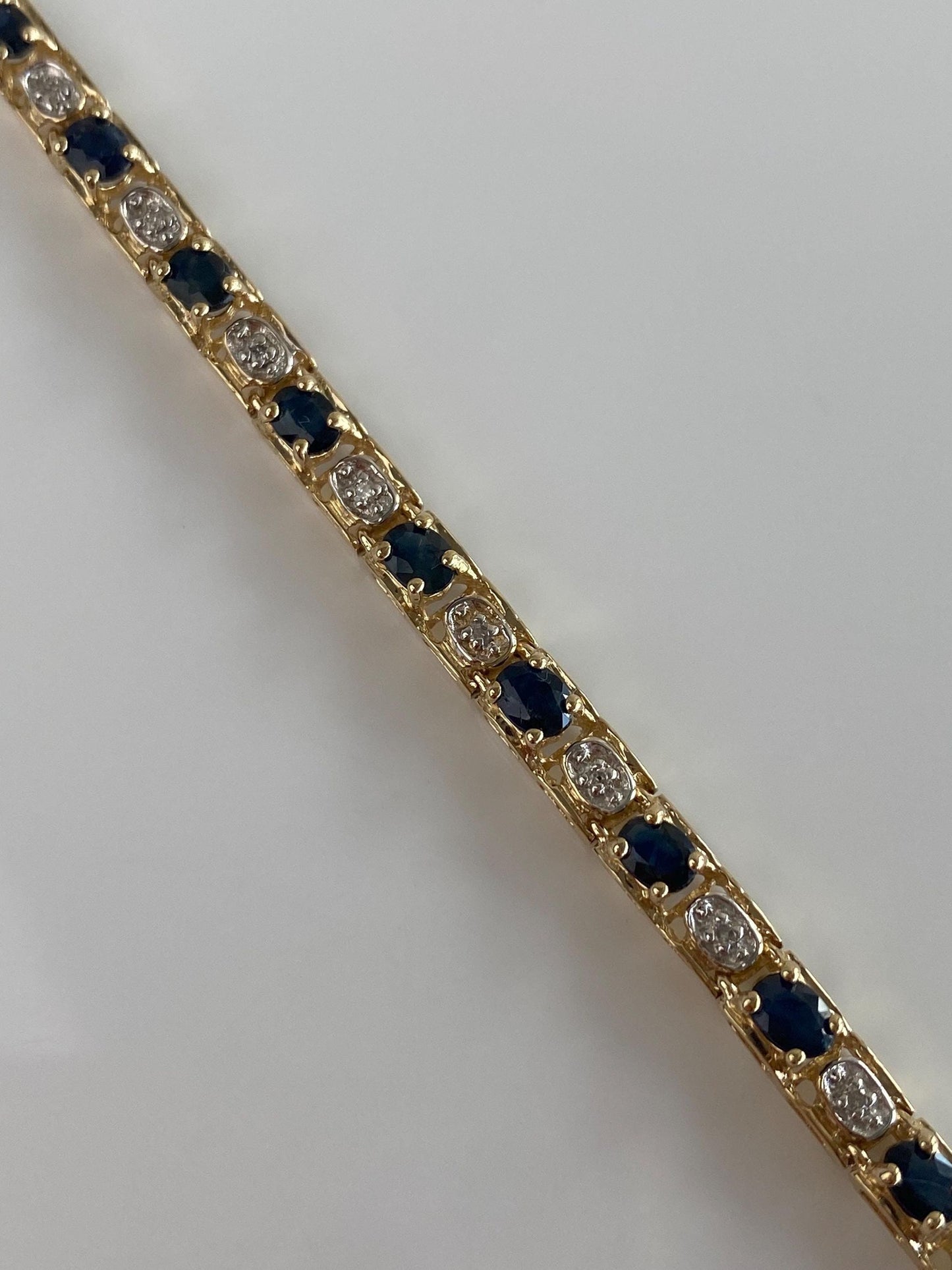 Solid 14k White & Yellow Gold Diamond Blue Sapphire Link Bracelet - 7.25 inches