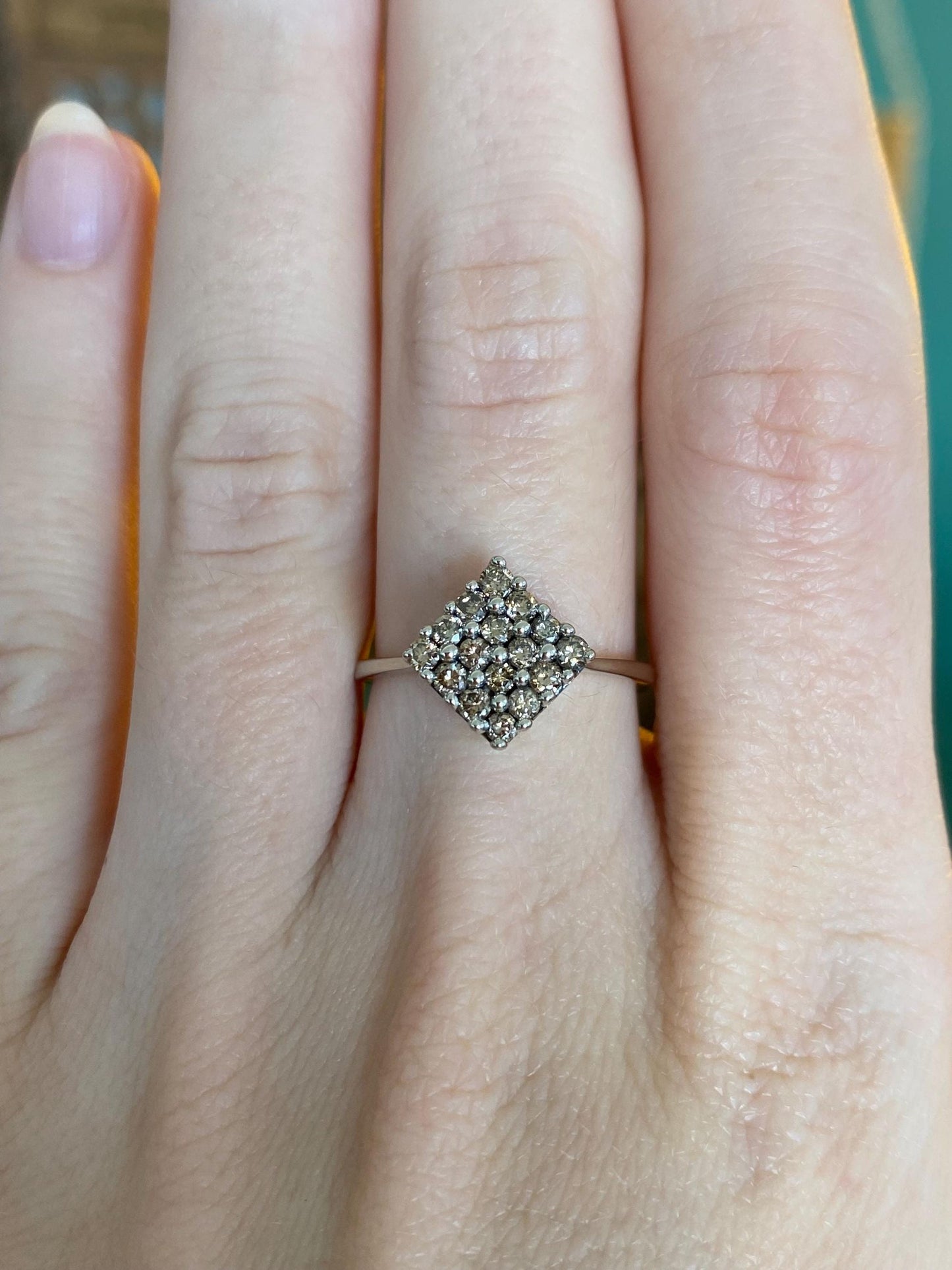 Vintage Solid 10k White Gold Champagne Diamond Square Ring - Size 6.75