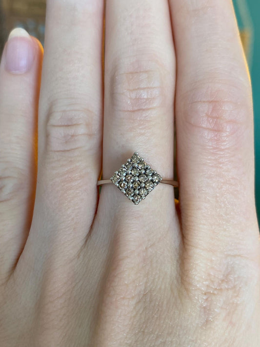 Vintage Solid 10k White Gold Champagne Diamond Square Ring - Size 6.75