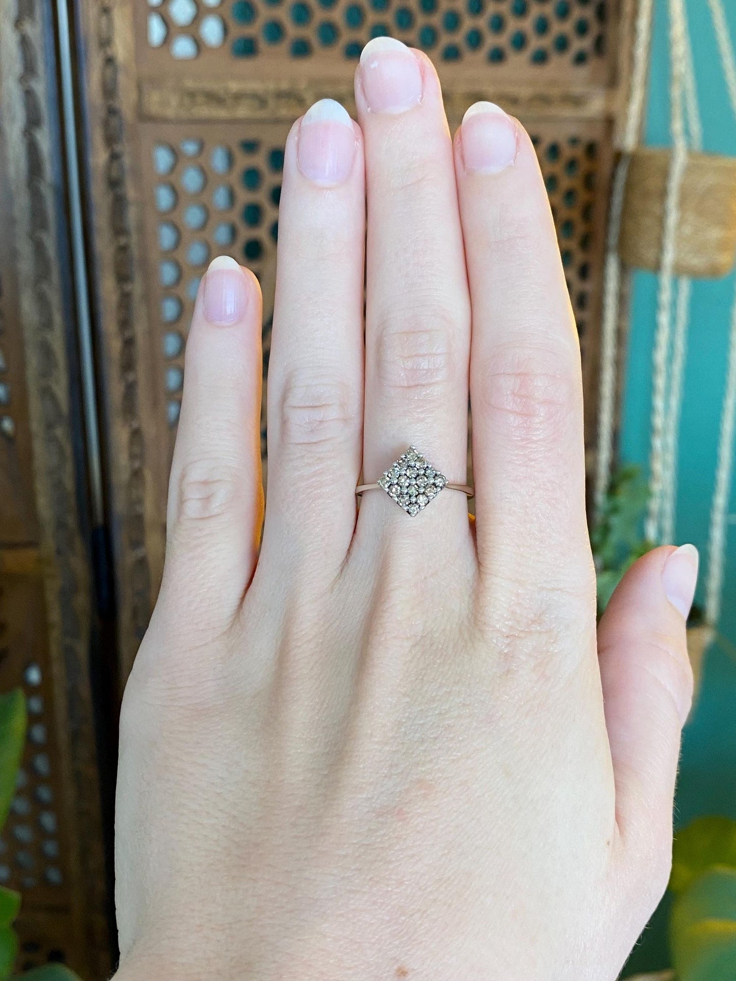 Vintage Solid 10k White Gold Champagne Diamond Square Ring - Size 6.75
