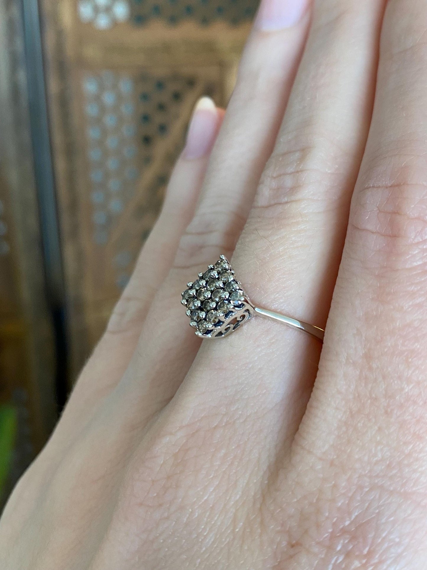 Vintage Solid 10k White Gold Champagne Diamond Square Ring - Size 6.75