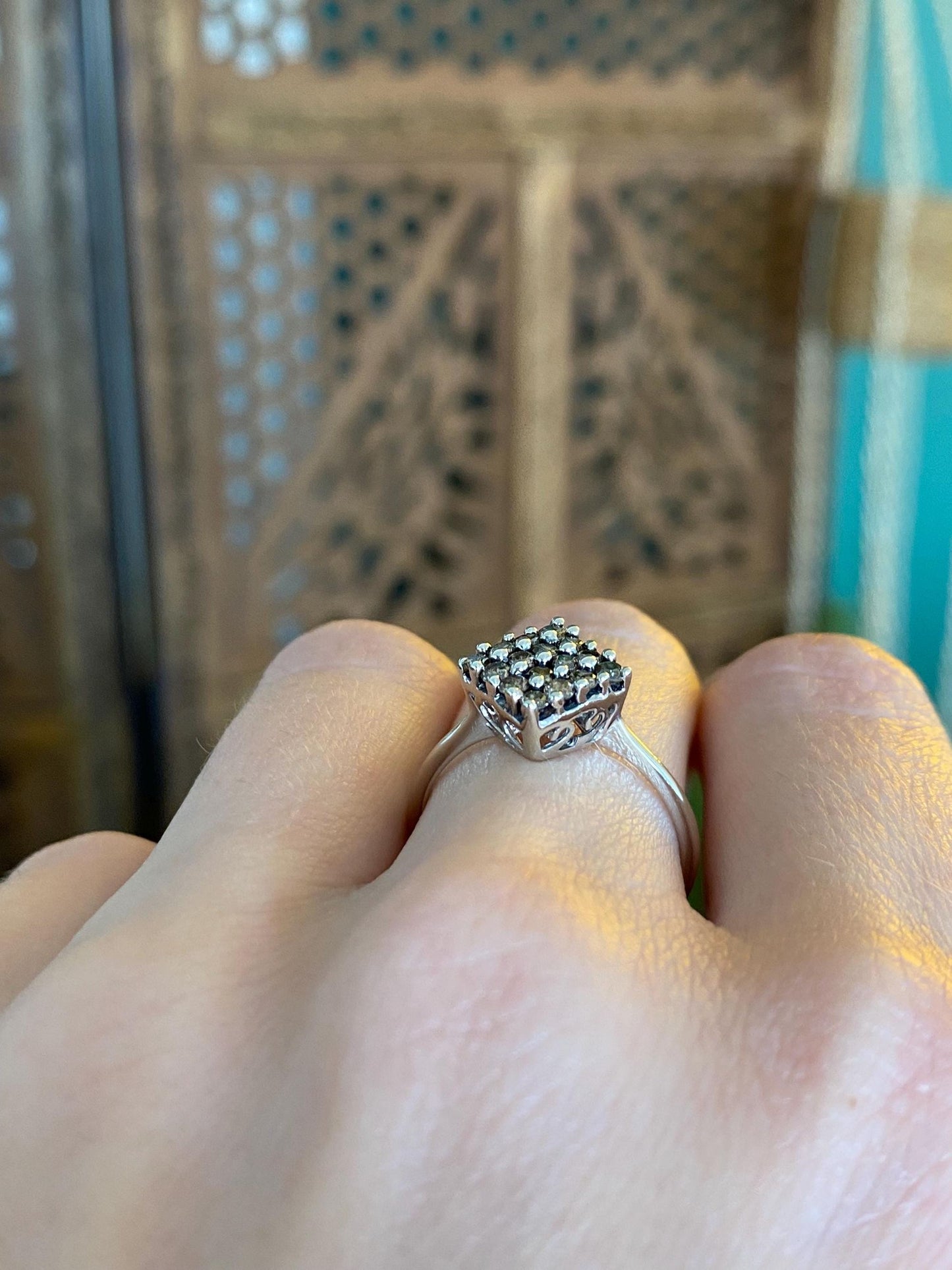 Vintage Solid 10k White Gold Champagne Diamond Square Ring - Size 6.75