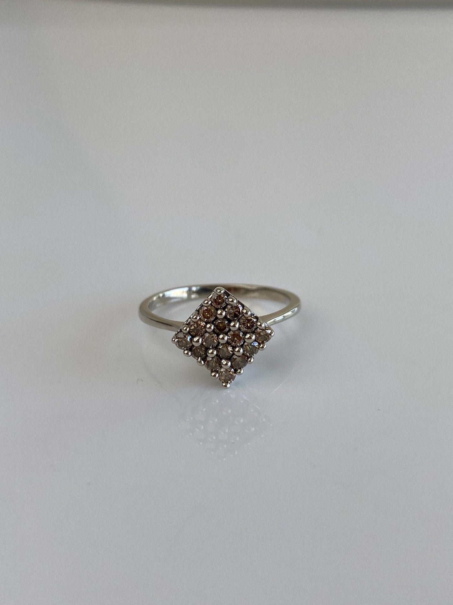 Vintage Solid 10k White Gold Champagne Diamond Square Ring - Size 6.75