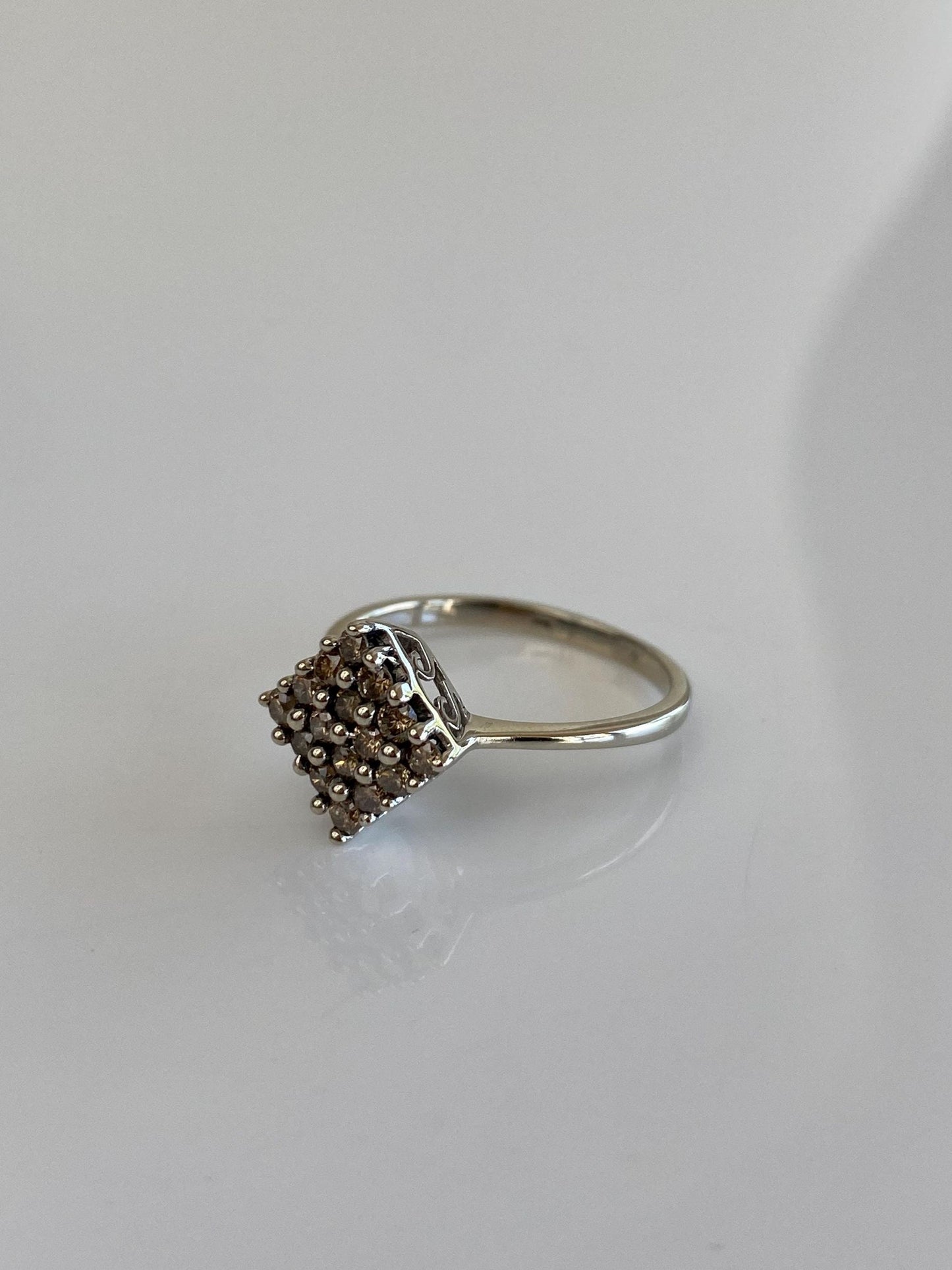 Vintage Solid 10k White Gold Champagne Diamond Square Ring - Size 6.75