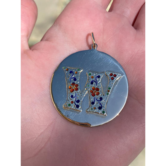 Solid 14k Yellow Gold Colored Enamel Flowers Initial 'W' Charm