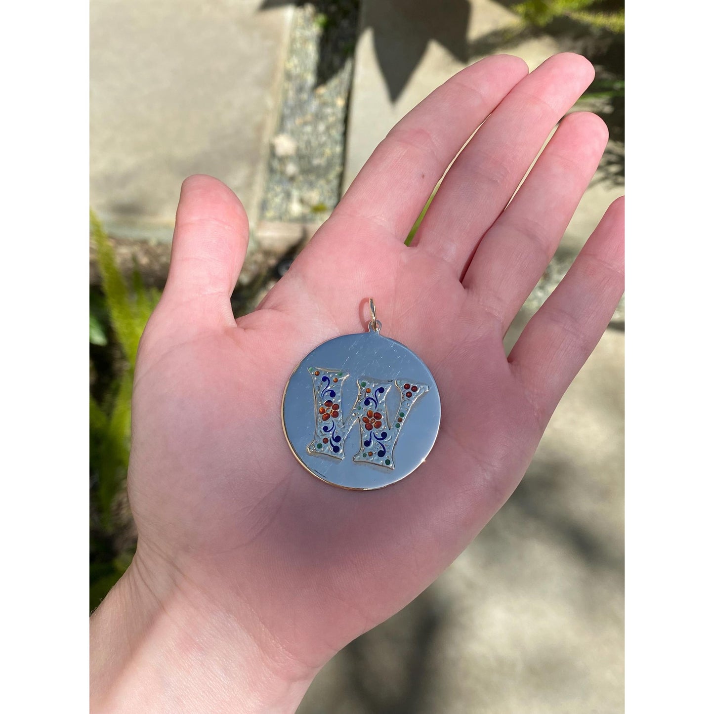 Solid 14k Yellow Gold Colored Enamel Flowers Initial 'W' Charm