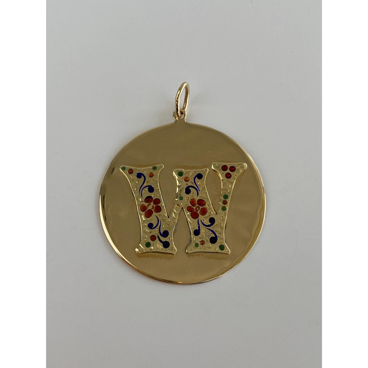 Solid 14k Yellow Gold Colored Enamel Flowers Initial 'W' Charm