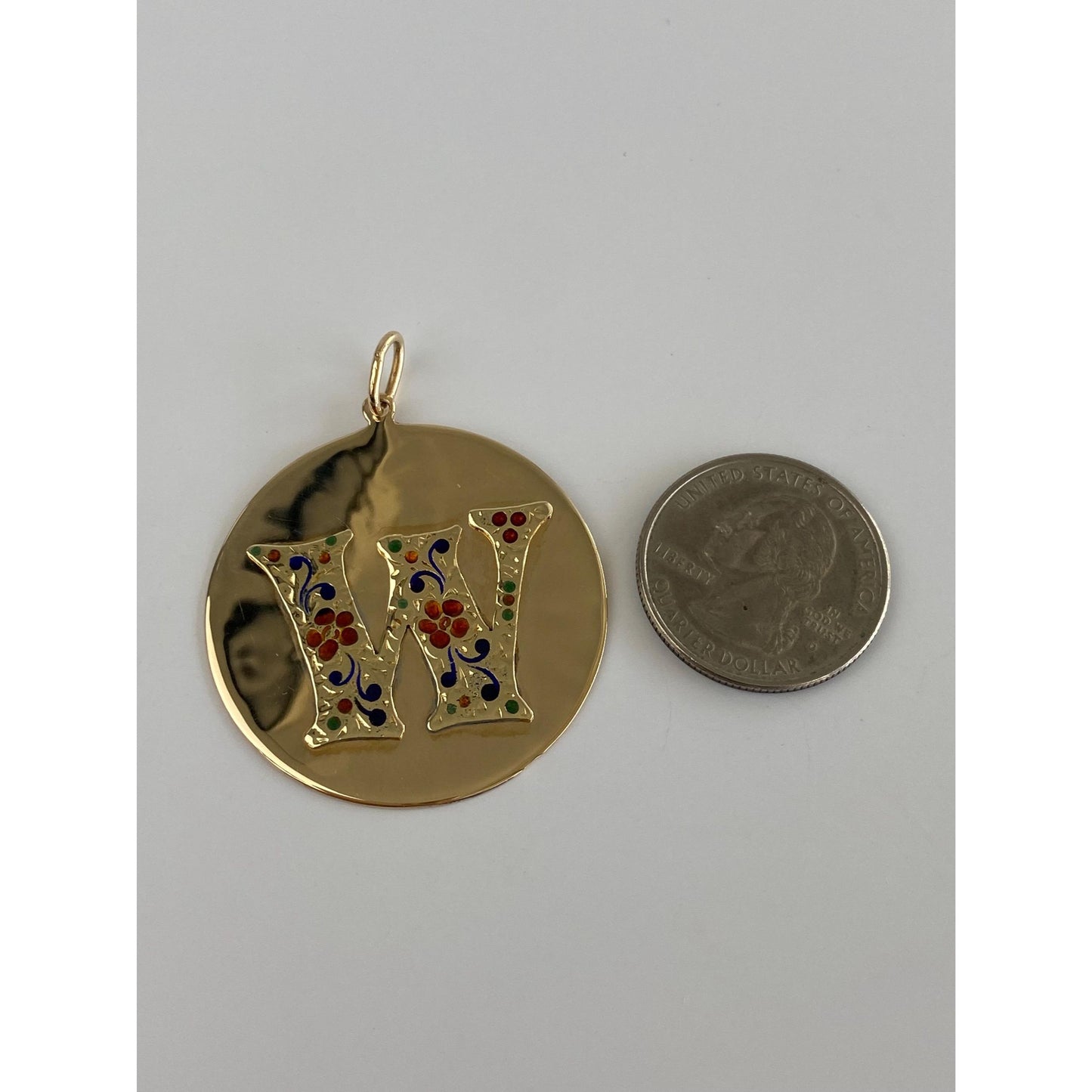 Solid 14k Yellow Gold Colored Enamel Flowers Initial 'W' Charm