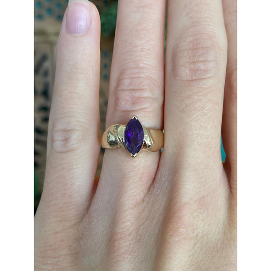 Vintage Solid 14k Yellow Gold Marquis Amethyst Ring - Size 4