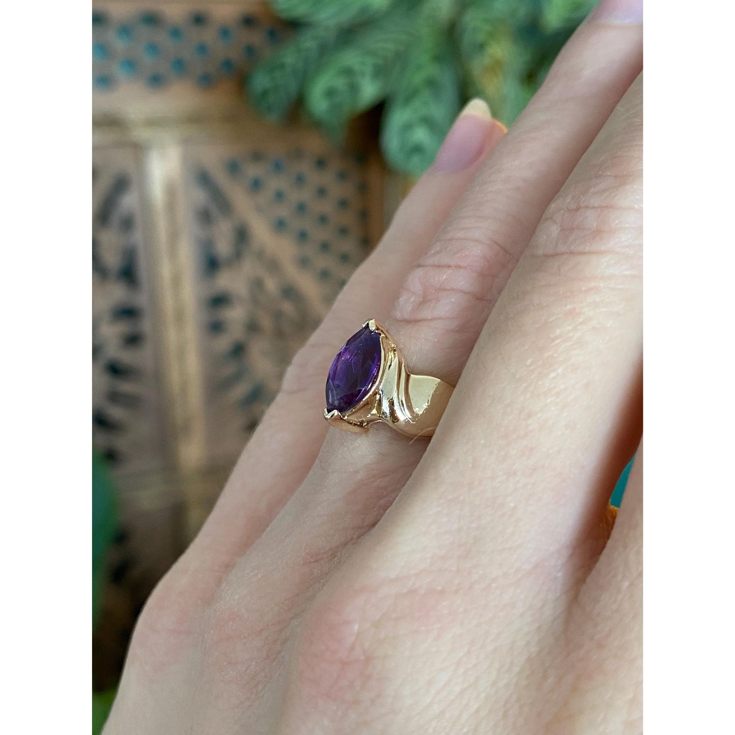 Vintage Solid 14k Yellow Gold Marquis Amethyst Ring - Size 4