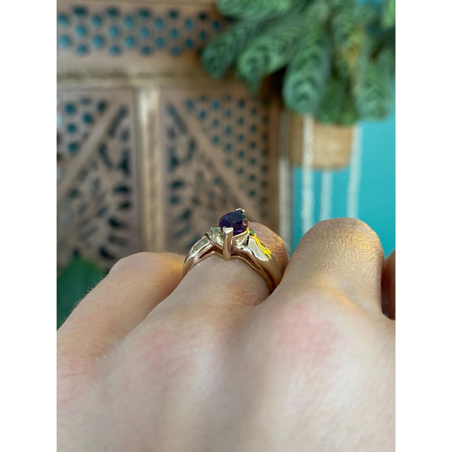 Vintage Solid 14k Yellow Gold Marquis Amethyst Ring - Size 4