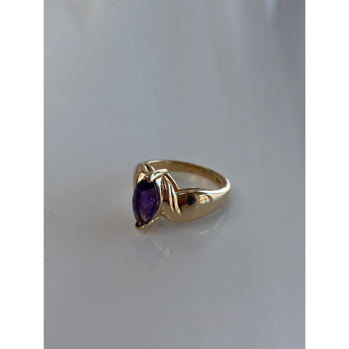 Vintage Solid 14k Yellow Gold Marquis Amethyst Ring - Size 4