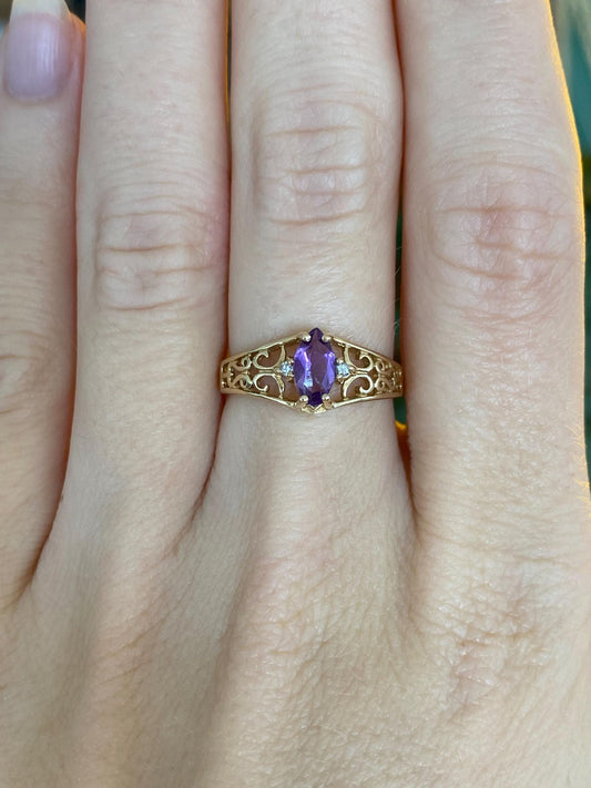 Vintage Solid 14k Yellow Gold Diamond Amethyst Open Work Ring - Size 6.5