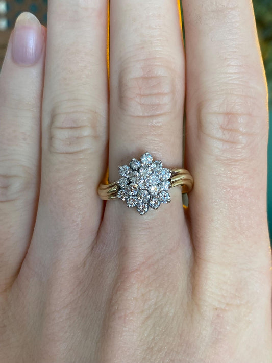 Vintage Solid 14k Yellow Gold Diamond Flower Cluster Ring - Size 6.25