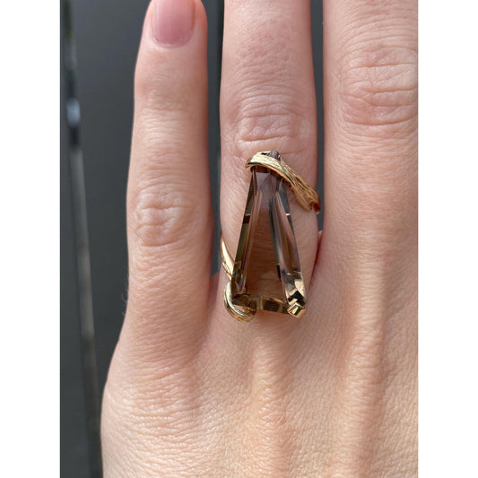 Vintage Solid 14k Yellow Gold Smokey Quartz Triangle Ring - Size 4.5