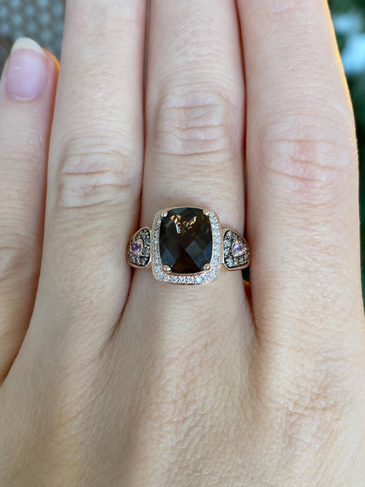 Vintage Solid 14k Rose Gold Diamond Halo Pink Sapphire Faceted Smokey Quartz Ring - Size 6.75