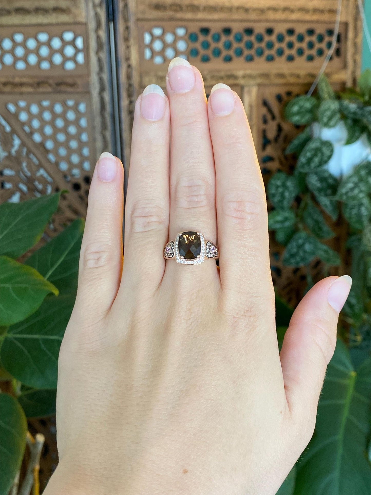 Vintage Solid 14k Rose Gold Diamond Halo Pink Sapphire Faceted Smokey Quartz Ring - Size 6.75