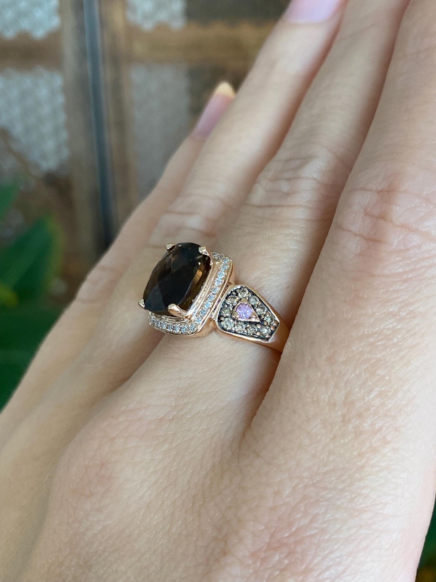 Vintage Solid 14k Rose Gold Diamond Halo Pink Sapphire Faceted Smokey Quartz Ring - Size 6.75