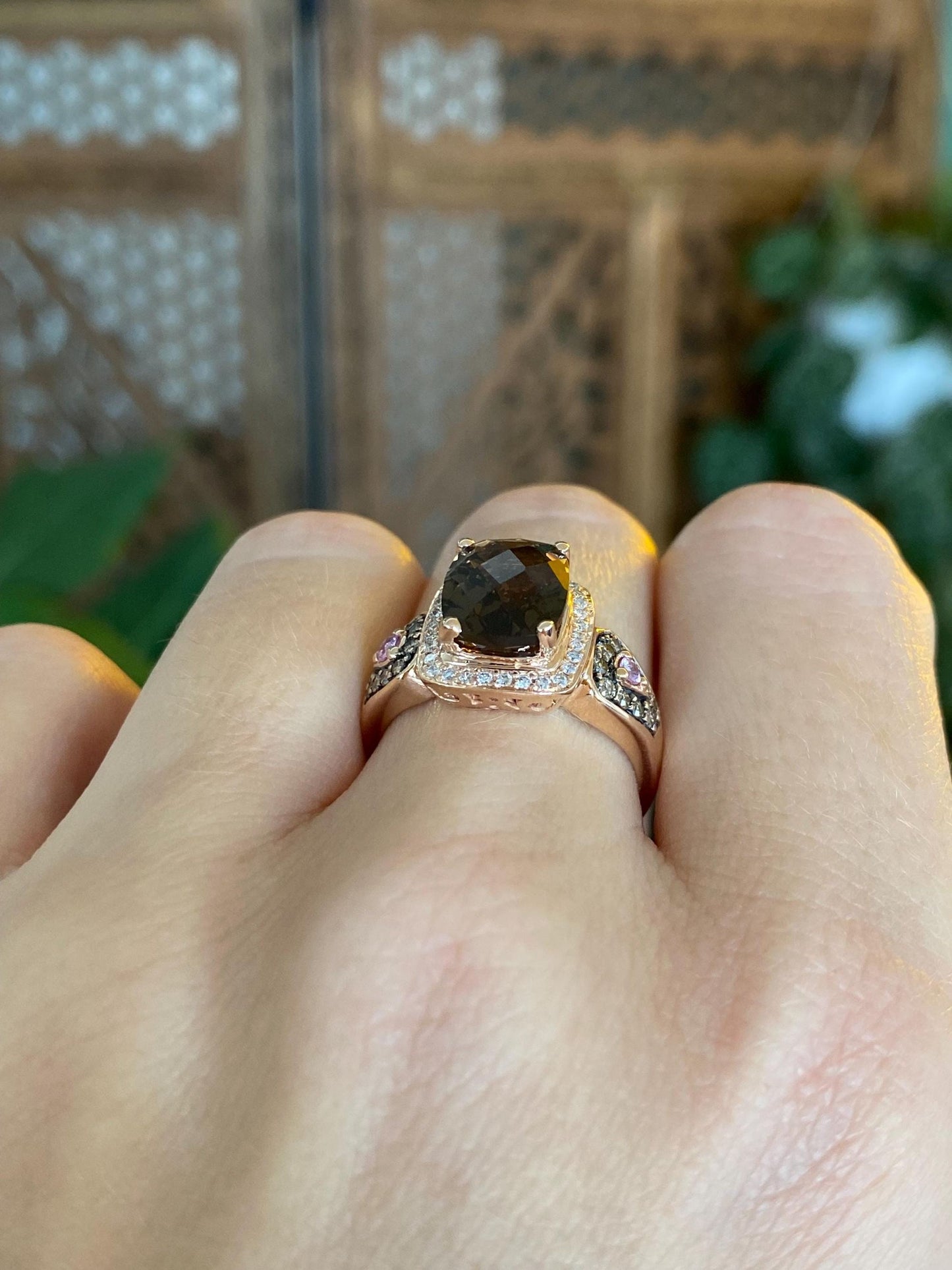 Vintage Solid 14k Rose Gold Diamond Halo Pink Sapphire Faceted Smokey Quartz Ring - Size 6.75