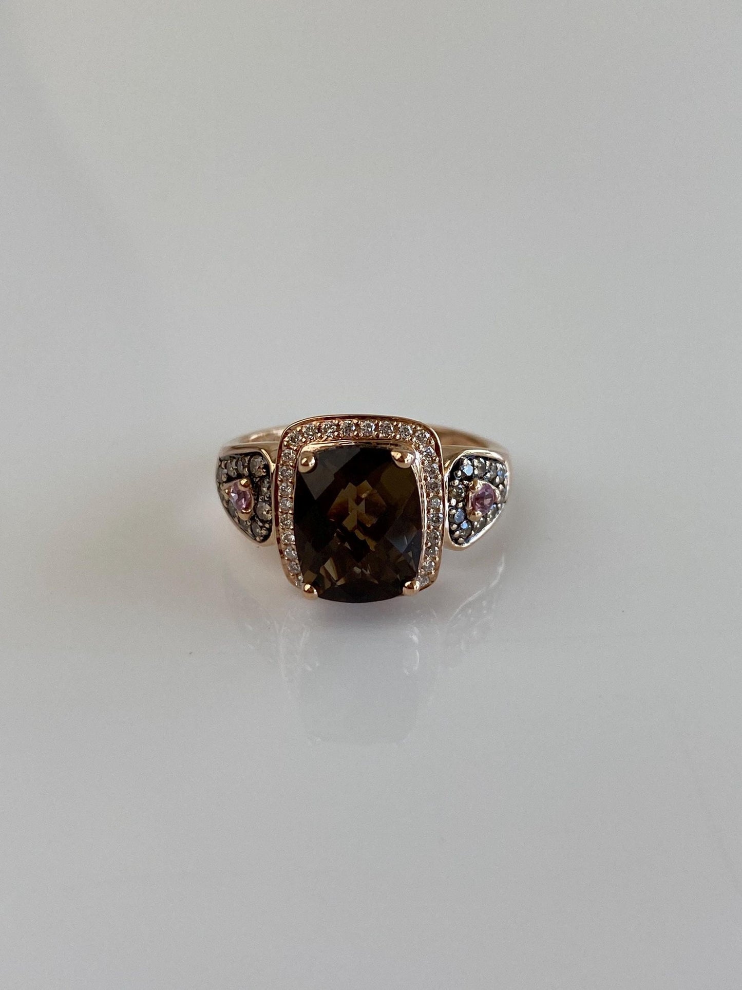 Vintage Solid 14k Rose Gold Diamond Halo Pink Sapphire Faceted Smokey Quartz Ring - Size 6.75