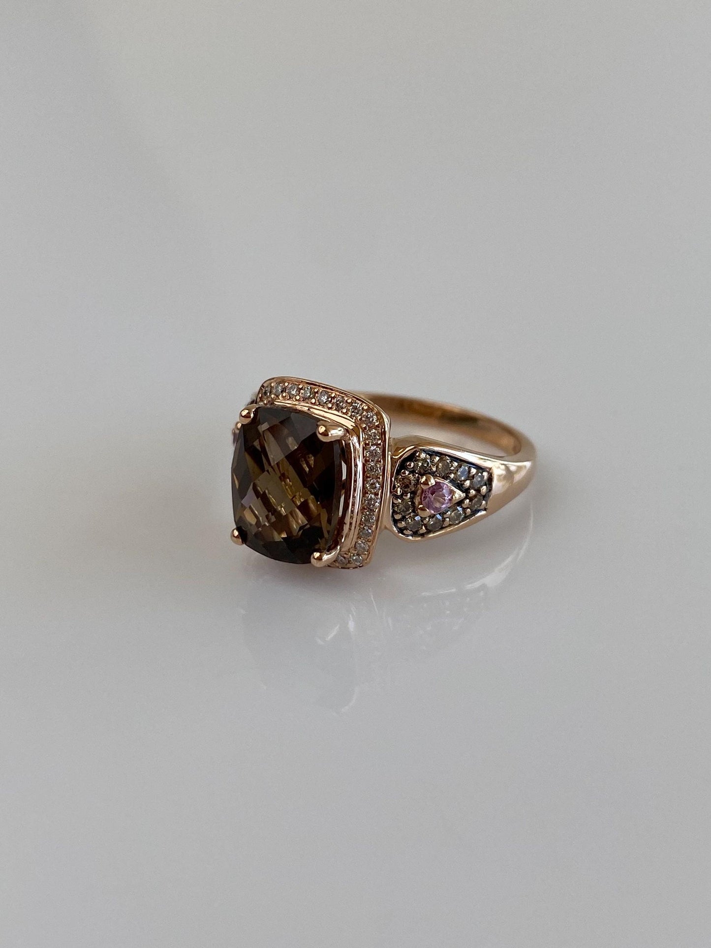 Vintage Solid 14k Rose Gold Diamond Halo Pink Sapphire Faceted Smokey Quartz Ring - Size 6.75
