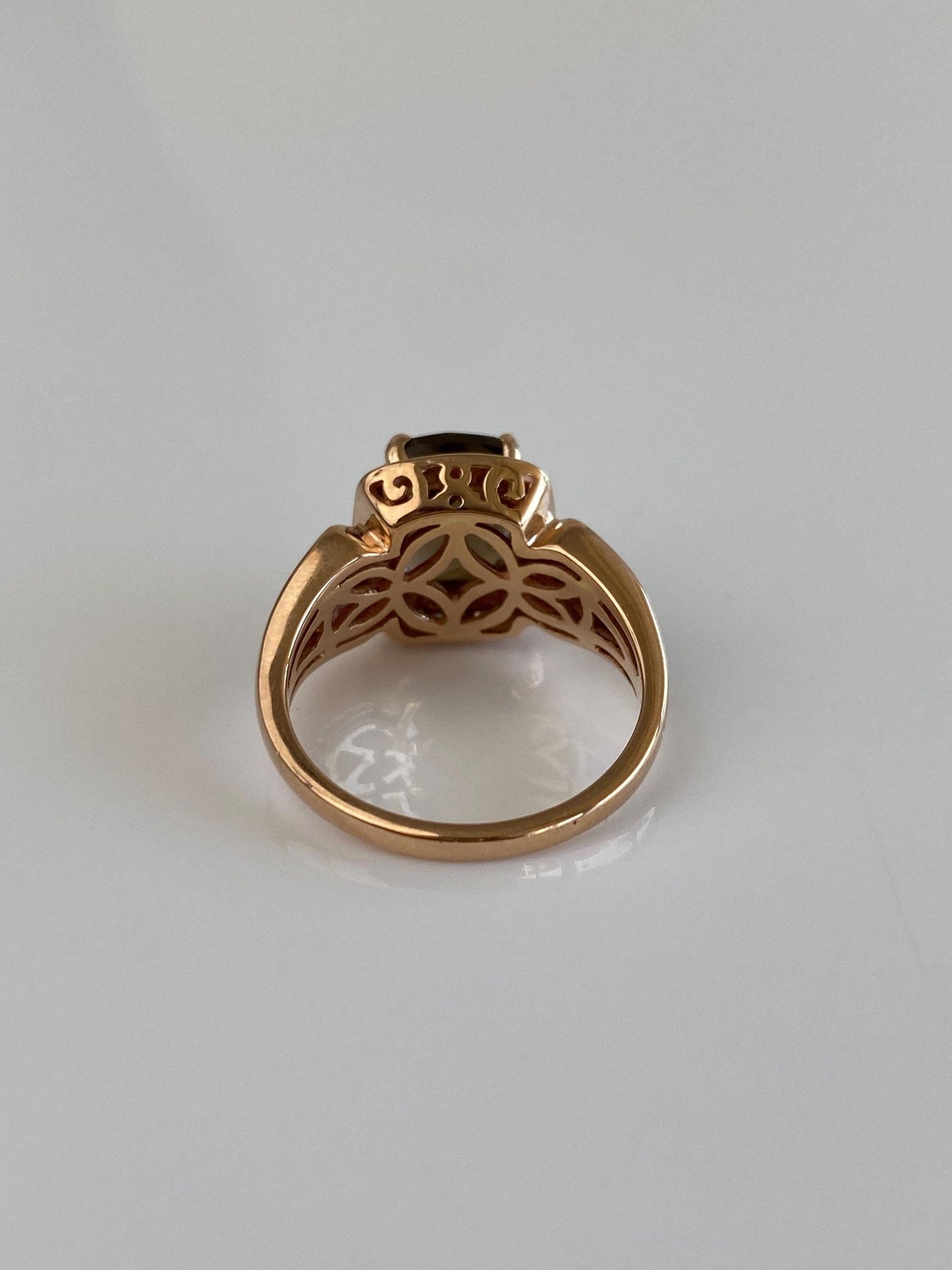 Vintage Solid 14k Rose Gold Diamond Halo Pink Sapphire Faceted Smokey Quartz Ring - Size 6.75