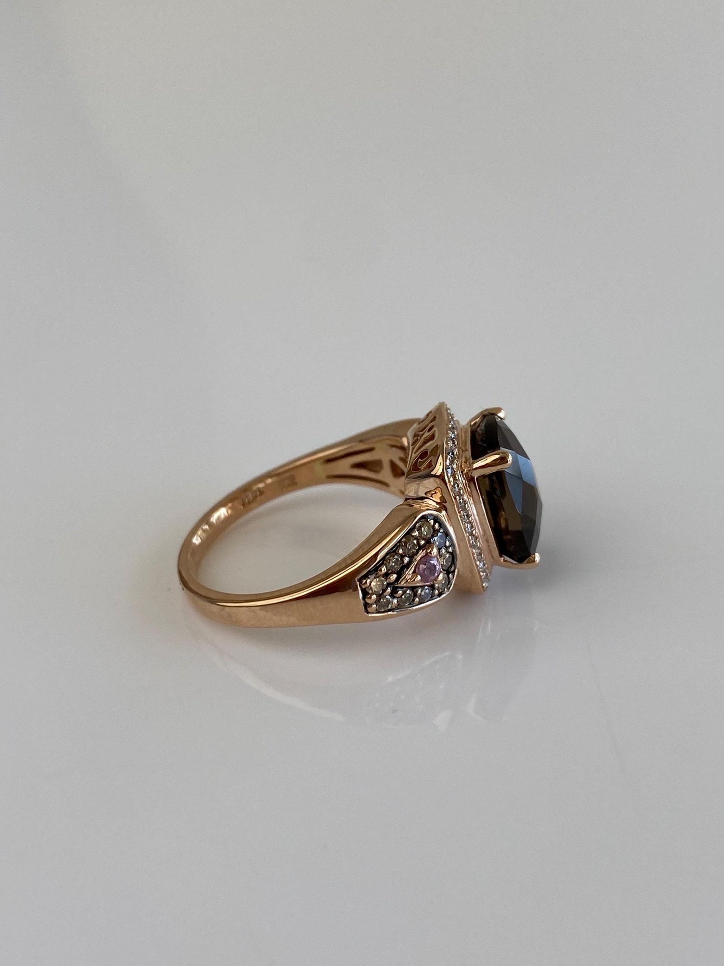 Vintage Solid 14k Rose Gold Diamond Halo Pink Sapphire Faceted Smokey Quartz Ring - Size 6.75