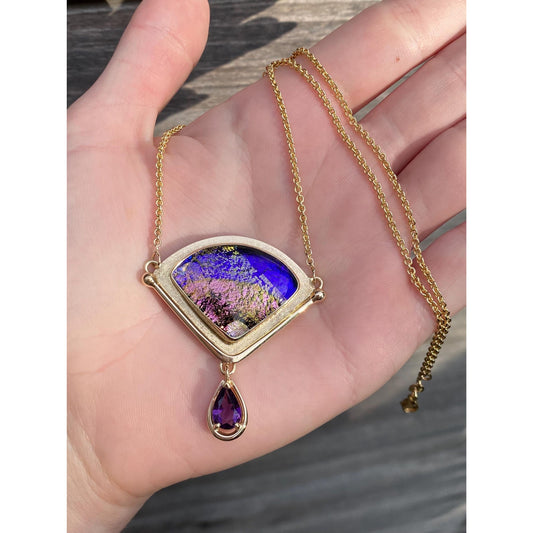 Vintage Solid 14k Yellow Gold Amethyst Dichroic Glass Rolo Chain Necklace - 17 inches