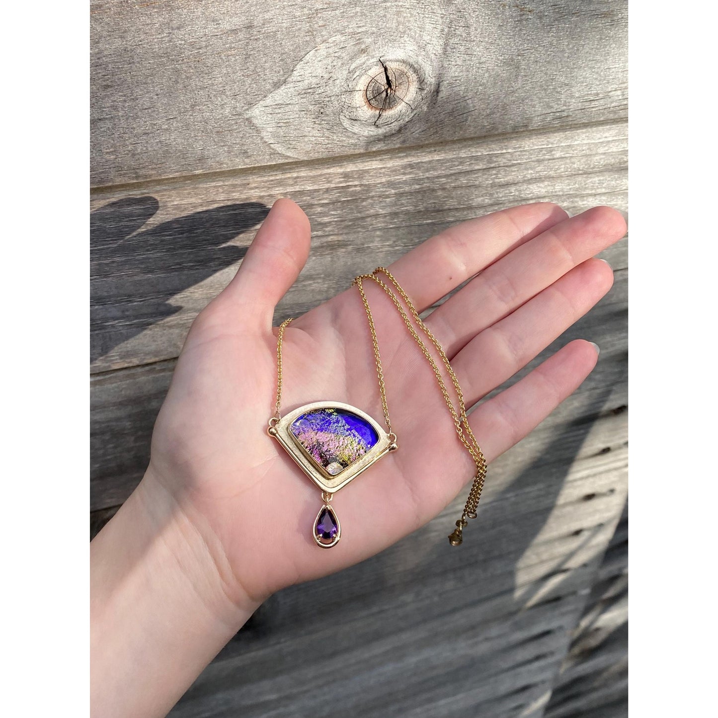 Vintage Solid 14k Yellow Gold Amethyst Dichroic Glass Rolo Chain Necklace - 17 inches