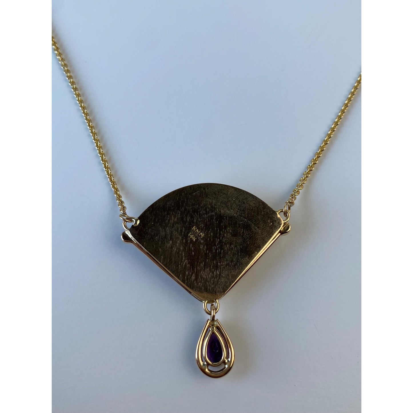 Vintage Solid 14k Yellow Gold Amethyst Dichroic Glass Rolo Chain Necklace - 17 inches
