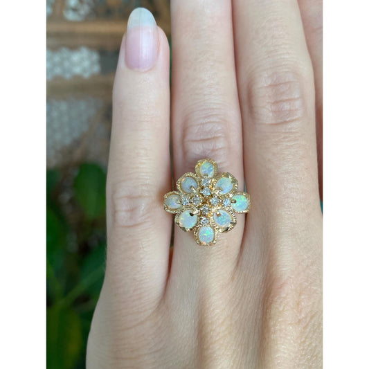 Vintage Solid 14k Yellow Gold Diamond Opal Cluster Ring - Size 5.25