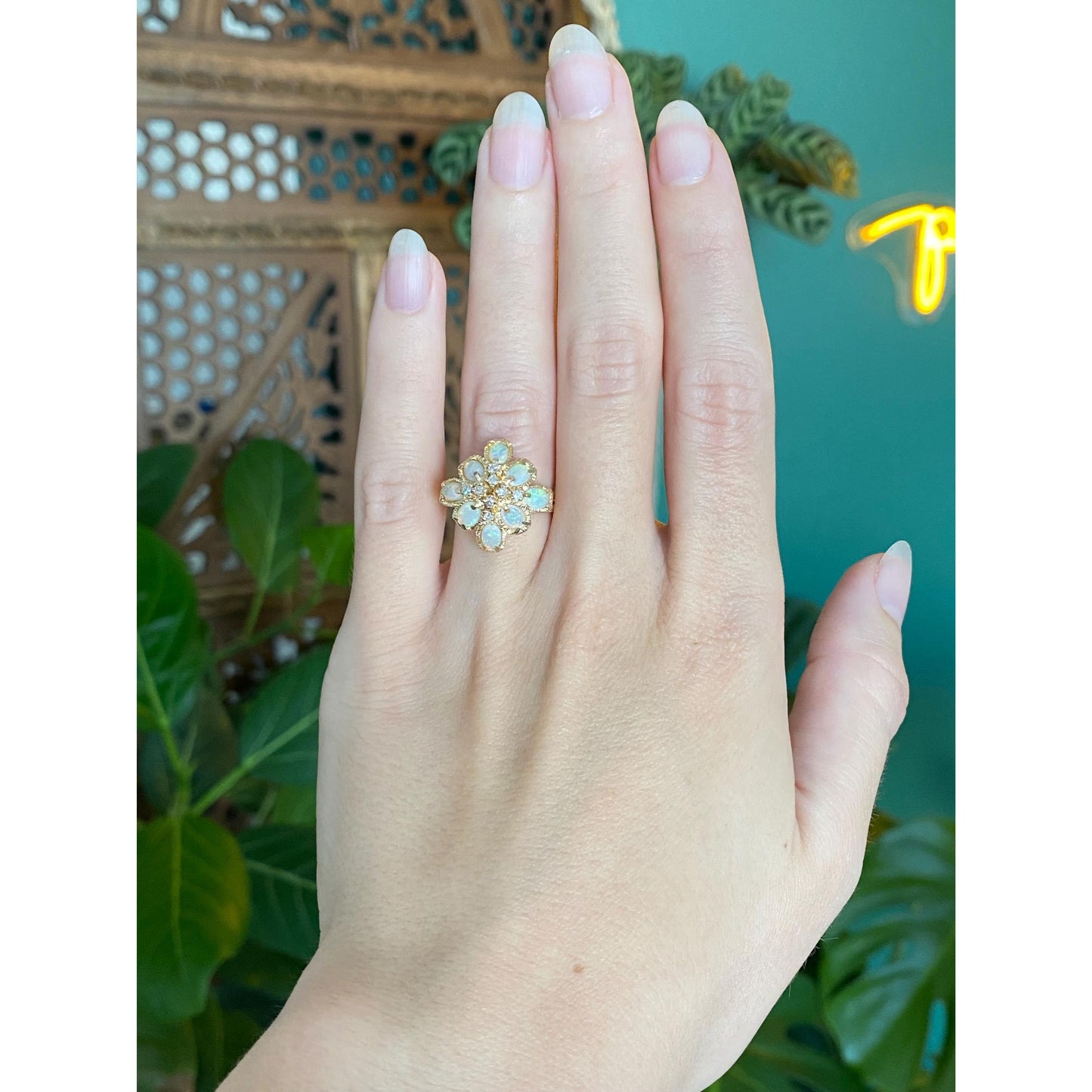 Vintage Solid 14k Yellow Gold Diamond Opal Cluster Ring - Size 5.25