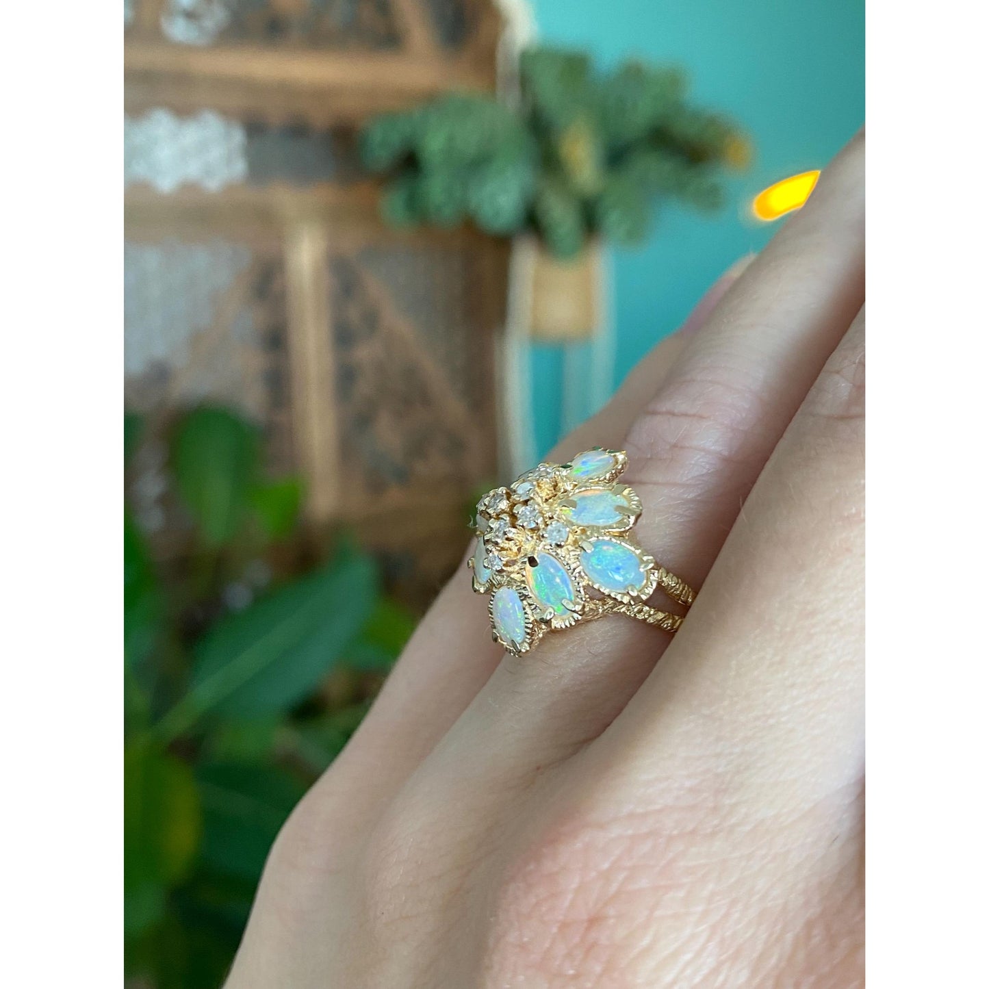 Vintage Solid 14k Yellow Gold Diamond Opal Cluster Ring - Size 5.25