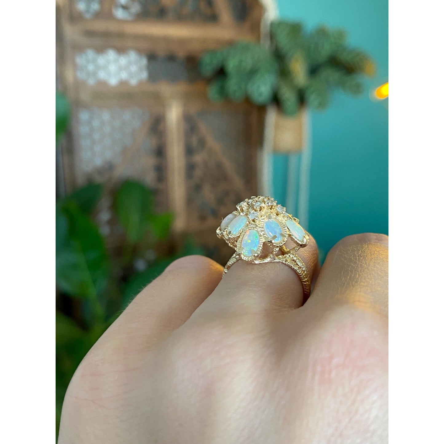 Vintage Solid 14k Yellow Gold Diamond Opal Cluster Ring - Size 5.25