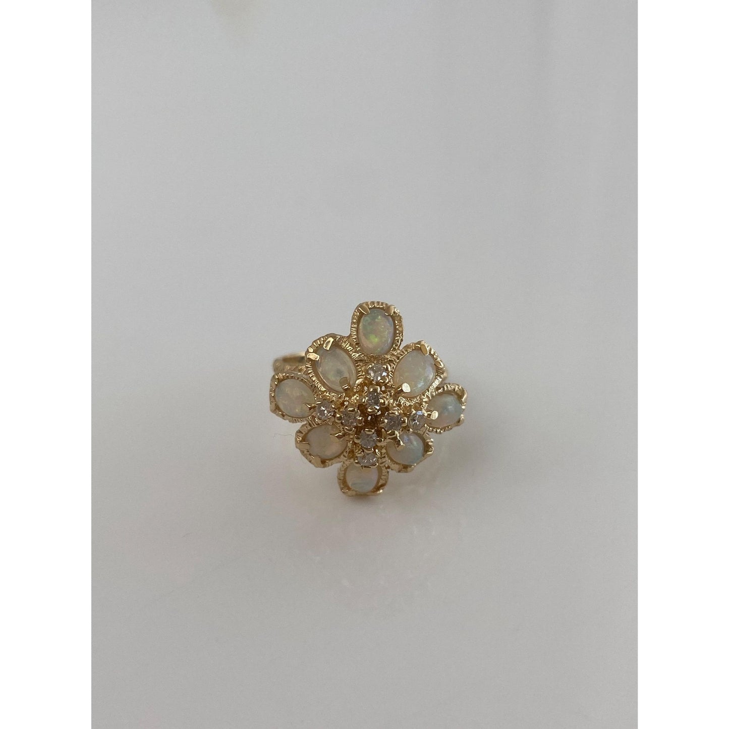 Vintage Solid 14k Yellow Gold Diamond Opal Cluster Ring - Size 5.25