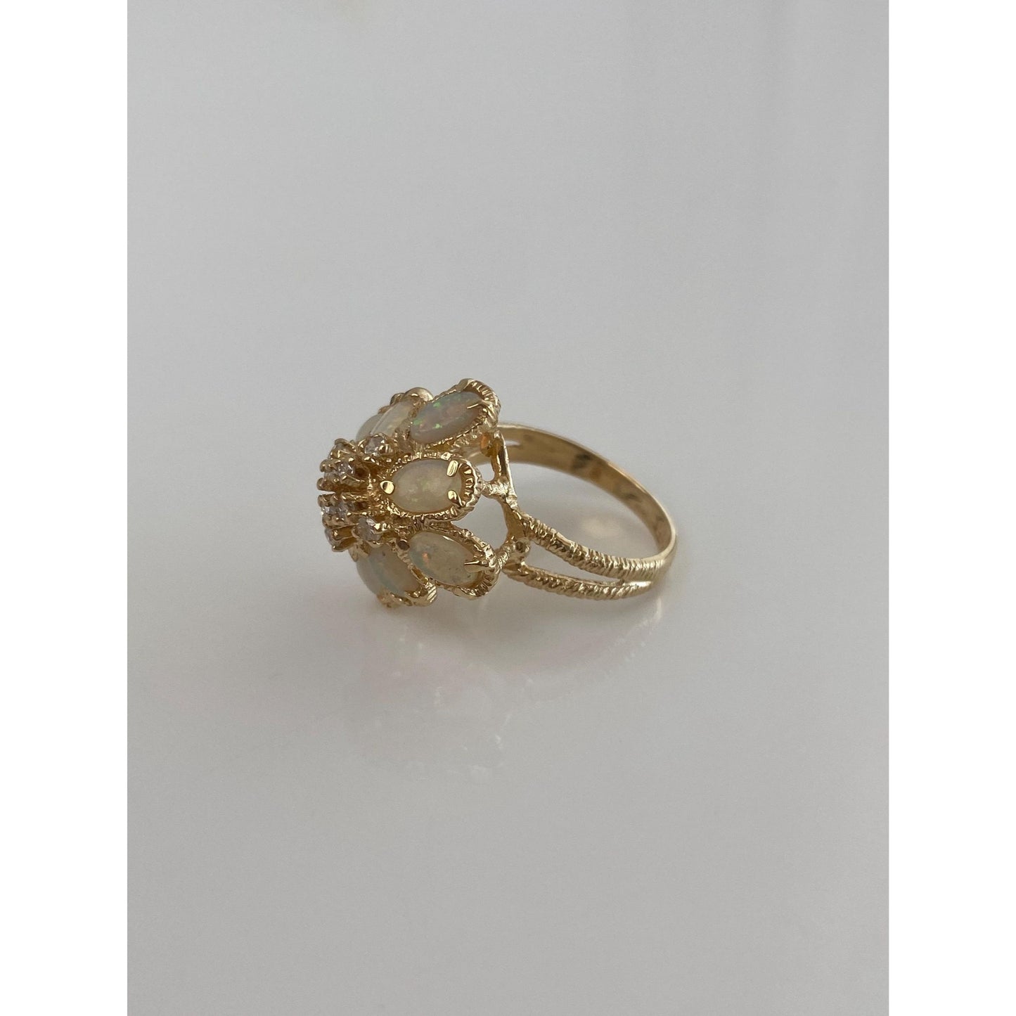 Vintage Solid 14k Yellow Gold Diamond Opal Cluster Ring - Size 5.25