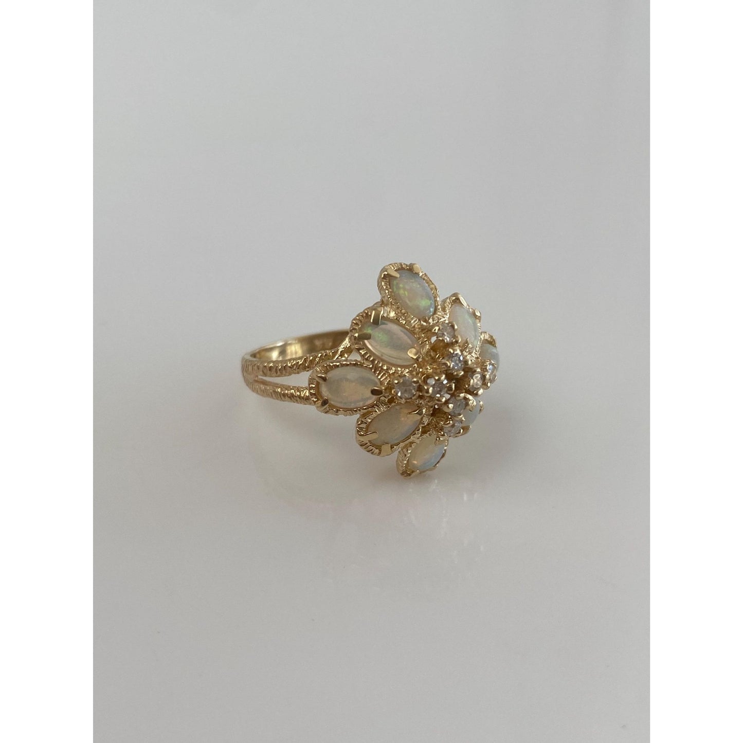 Vintage Solid 14k Yellow Gold Diamond Opal Cluster Ring - Size 5.25