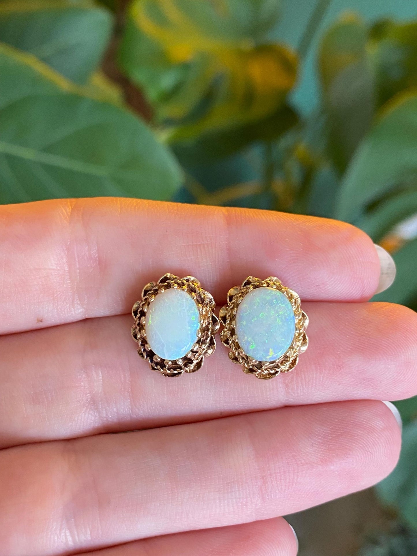 Vintage Solid 14k Yellow Gold Opal Stud Earrings