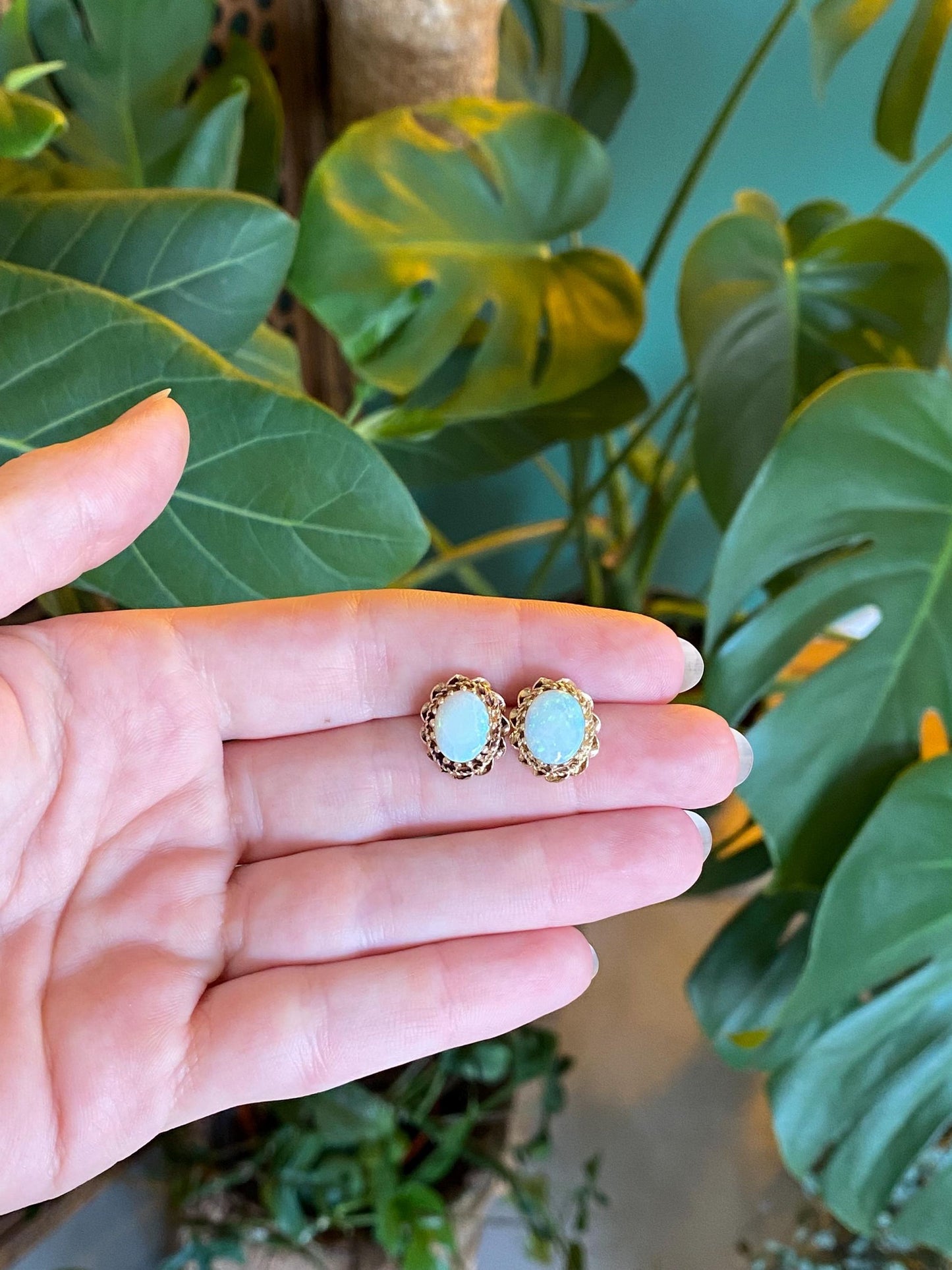 Vintage Solid 14k Yellow Gold Opal Stud Earrings