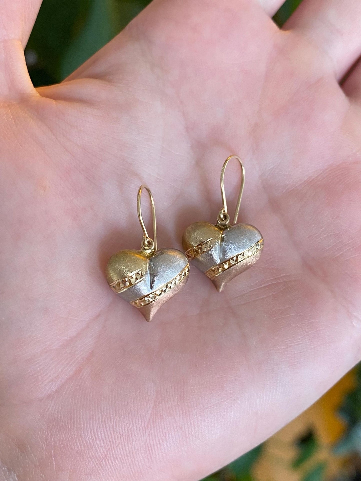 Vintage 14k Tri Tone Gold Puffy Heart Designed Dangle Earrings